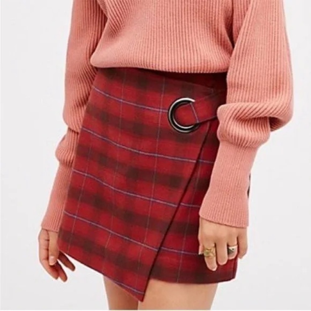 Free People Red Plaid Wrap Mini Skirt
